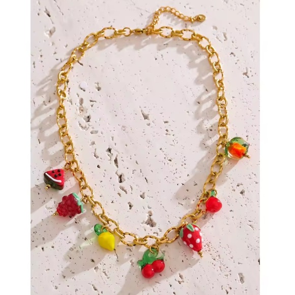 Tutti Frutti Charm 18K Gold Stainless Steel Waterproof Necklace - Picture 8 of 10